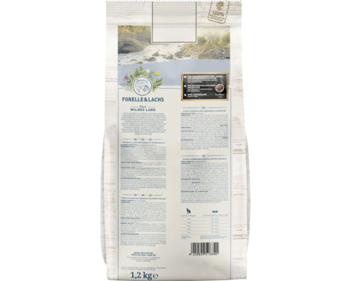 Wildes Land Forelle und Lachs Trockenfutter für Hunde, 1,2 Kilogramm Packung, Rückseite