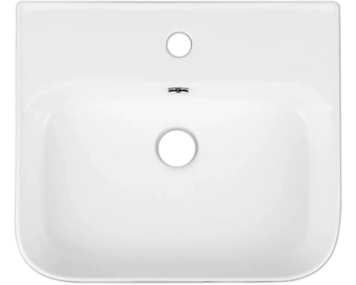 Aufsicht auf ein weisses Keramikwaschbecken mit Hahnloch und Überlauf