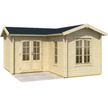 Gartenhaus aus Holz mit Fenstern und Doppeltür
