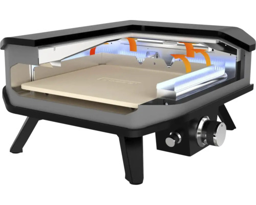 Innenansicht eines Pizzaofens mit Pizzastein und Gasbrenner