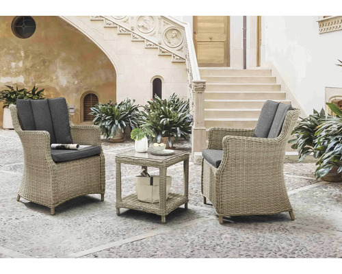 Set de balcon Destiny LUNA MERANO 2 places composé de: 2 fauteuils, desserte en rotin synthétique verre aluminium beige