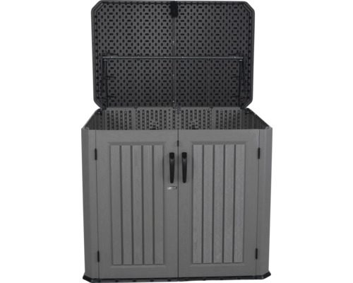 Gerätebox, Mülltonnenbox LIFETIME Phil 146 x 94 x 128 cm grau Geöffnete graue Gerätebox mit Doppeltüren zur Aufbewahrung im Garten