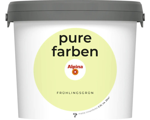 Peinture murale Alpina pure farben vert printemps 2,5 l Seau de peinture d''intérieur mate Vert Printemps d''Alpina, 2,5 litres pour environ 25 mètres carrés
