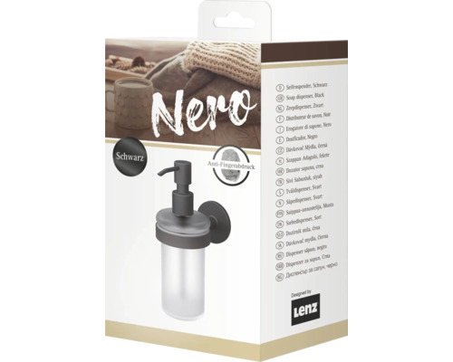 Verpackung eines schwarzen Seifenspenders mit Anti-Fingerabdruck