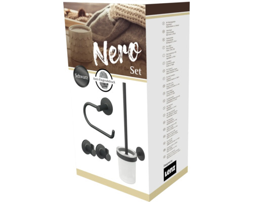 Nero Badaccessoires Set in Schwarz, bestehend aus WC-Garnitur, Toilettenpapierhalter, Handtuchhaken
