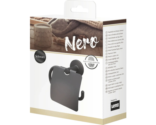 Verpackung einer schwarzen Toilettenpapierhalterung mit Deckel