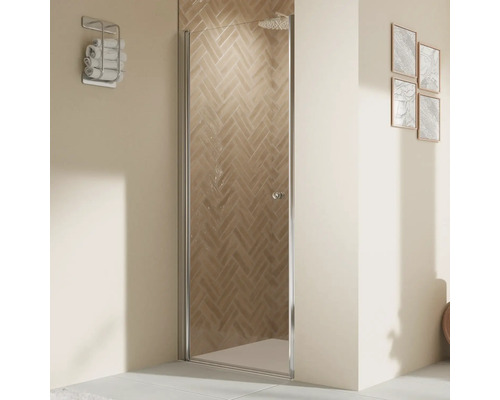 Porte de douche dans niche avec porte pivotante BREUER Elana 2.0 80 x 200 cm couleur du profilé rond argent décor de vitre verre transparent butée de porte à gauche
