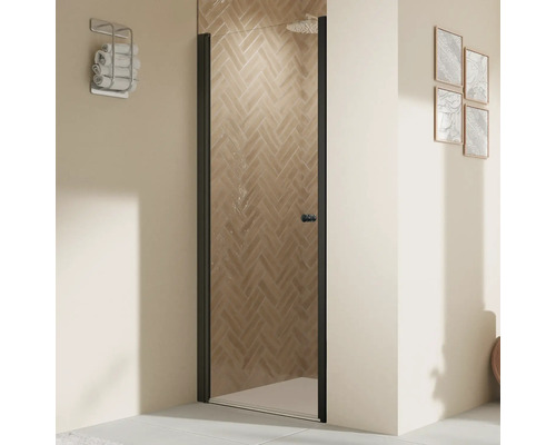 Porte de douche dans niche avec porte pivotante BREUER Elana 2.0 80 x 200 cm couleur du profilé rond noir décor de vitre verre transparent butée de porte à gauche
