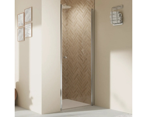 Porte de douche dans niche avec porte pivotante BREUER Elana 2.0 90 x 200 cm couleur du profilé rond chrome décor de vitre verre transparent butée de porte à droite
