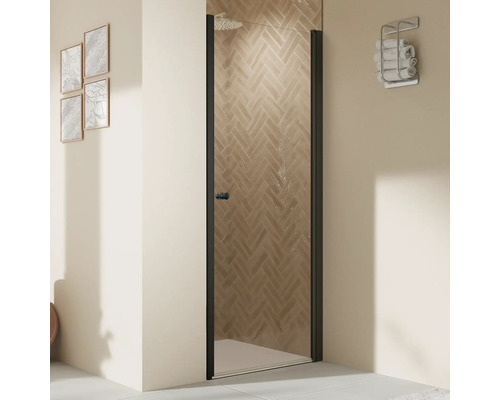 Porte de douche dans niche avec porte pivotante BREUER Elana 2.0 80 x 200 cm couleur du profilé rond noir décor de vitre verre transparent butée de porte à droite
