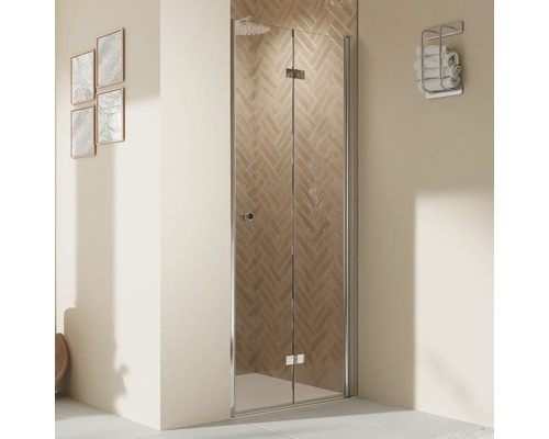 Porte de douche dans niche avec porte pivotante pliante BREUER Elana 2.0 90 x 200 cm couleur du profilé rond noir décor de vitre verre transparent butée de porte à droite poignée tampon Paroi de douche avec porte pliante dans une salle de bains