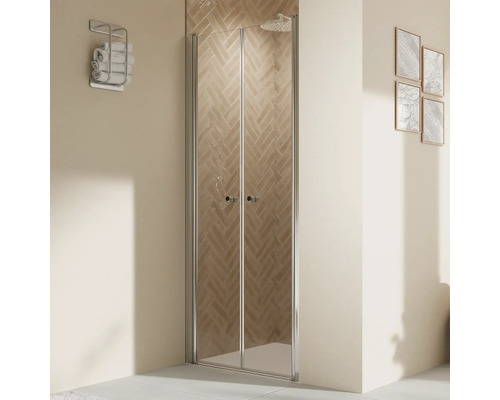 Porte de douche dans niche avec porte battante BREUER Elana 2.0 80 x 200 cm couleur du profilé rond argent décor de vitre verre transparent poignée tampon