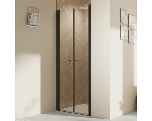 Porte de douche dans niche avec porte battante BREUER Elana 2.0 80 x 200 cm couleur du profilé rond noir décor de vitre verre transparent poignée tampon