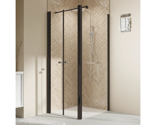 Porte de douche pour paroi latérale avec porte battante BREUER Elana 2.0 90 x 200 cm couleur du profilé rond noir décor de vitre verre transparent poignée tampon