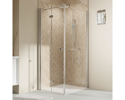 Porte de douche pour paroi latérale avec porte pivotante pliante BREUER Elana 2.0 90 x 200 cm couleur du profilé rond noir décor de vitre verre transparent butée de porte à gauche poignée tampon Douche à l''italienne avec portes en verre et robinetterie dans une salle de bains