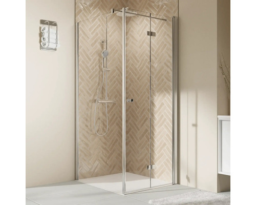 Porte de douche pour paroi latérale avec porte pivotante pliante BREUER Elana 2.0 90 x 200 cm couleur du profilé rond argent décor de vitre verre transparent butée de porte à droite poignée tampon Douche d''angle avec robinetterie de douche et porte-serviettes dans la salle de bain