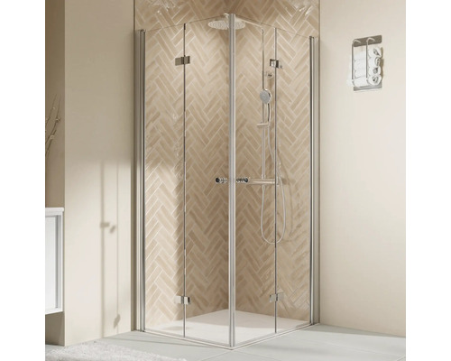 Accès d'angle avec porte pivotante pliante BREUER Elana 2.0 100 x 100 x 200 cm couleur du profilé rond chrome décor de vitre verre transparent poignée tampon Cabine de douche d''angle avec porte tournante et ensemble de douche dans une salle de bain lumineuse
