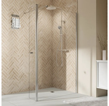 Douche à l''italienne avec pomme de douche et douchette à main dans une salle de bains avec carrelage beige.