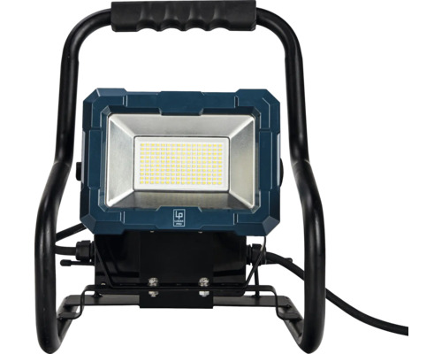 Projecteur de chantier LED LUMAK PRO avec piètement IP54 50 W 8250 lm 6500 K alimentation 3G1,5 mm² H07RN-F 5,0 m avec prise + 2x sorties USB + 1x prise de courant avec mise à la terre Projecteur de chantier LED avec cadre de support