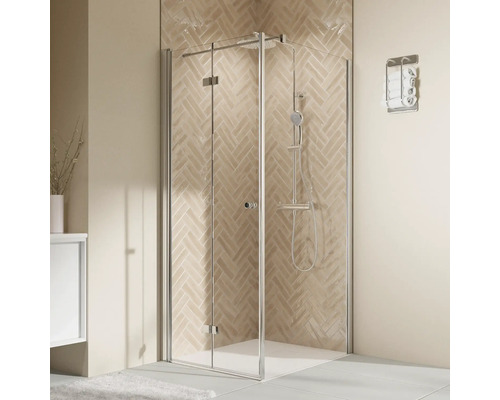 Paroi latérale pour porte de douche BREUER Elana 2.0 90 x 200 cm couleur du profilé rond argent décor de vitre verre transparent butée de paroi latérale à droite Douche d''angle avec robinetterie de douche et porte-serviettes dans la salle de bain