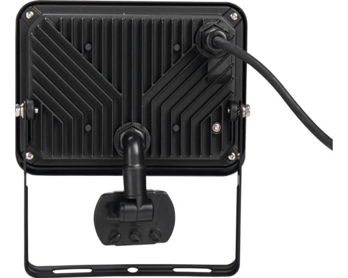 Vue arrière d''un projecteur LED avec détecteur de mouvement et ailettes de refroidissement