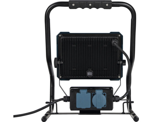 Rückansicht einer Arbeitsleuchte mit Steckerleiste und Tragegestell