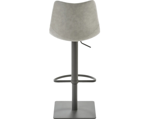 Tabouret de bar gris avec dossier et repose-pieds.