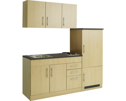 Cuisine intégrée avec évier, plaque de cuisson, tiroirs et éléments hauts