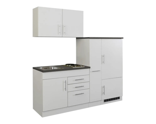 Einbauküche mit Spüle, Kochfeld, Schubladen und Schrank