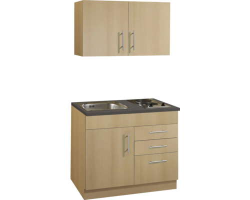 Cuisine équipée avec évier, plaque de cuisson, meuble bas et élément haut