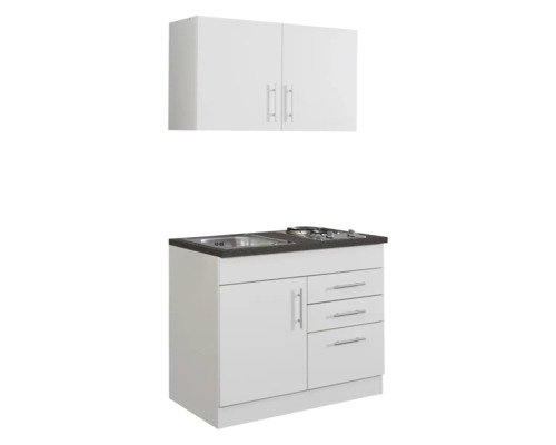 Cuisine compacte avec évier, plaque de cuisson, meuble bas et meuble haut