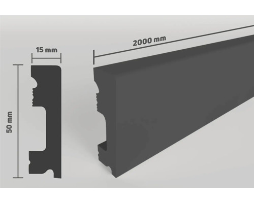 Plinthe Selit SELITSTYLE FBL50 noir 2000 x 50 x 15 mm Baguette profilée mesurant 50 mm de haut, 15 mm de large et 2000 mm de long.