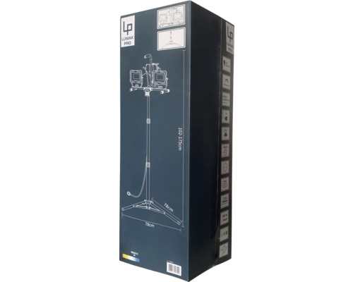 Emballage pour lampe photo Lumak Pro avec trépied et dimensions