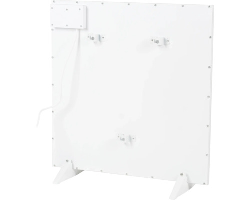 Vue arrière d''un chauffage infrarouge blanc avec pieds et boîtier de connexion