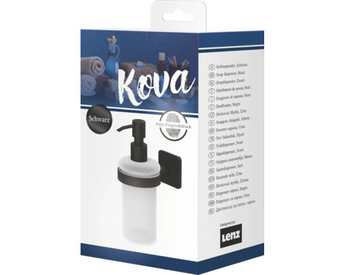 Verpackung eines schwarzen Seifenspenders zur Wandmontage