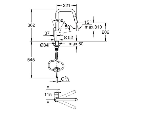 Dessin technique d''un robinet de cuisine avec dimensions