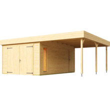 Garage en bois avec double porte, fenêtre et abri voiture