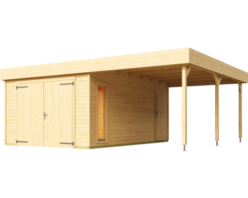 Holzgarage mit Doppeltür, Fenster und Carport
