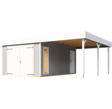 Garage grise avec double porte, porte latérale et abri en bois