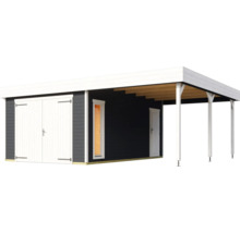 Garage en bois avec auvent, double porte et porte latérale