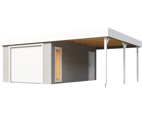 Garage mit Carport aus Holz mit Garagentor und Tür