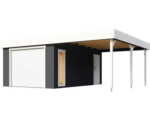 Garage mit Geräteschuppen und Carport aus Holz