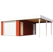 Garage rouge avec abri de voiture, toit blanc et porte