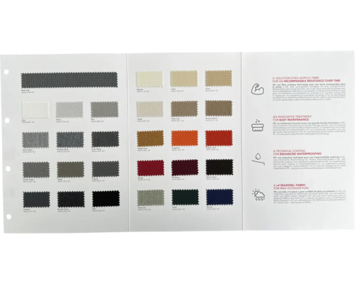 Nuancier avec différents échantillons de tissu et caractéristiques de qualité