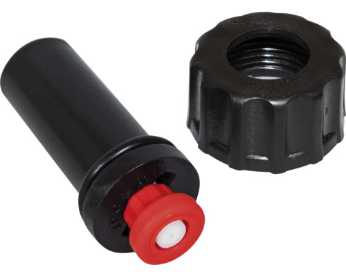 Tropfbewässerung-Teile mit rotem Knopf und schwarzer Überwurfmutter