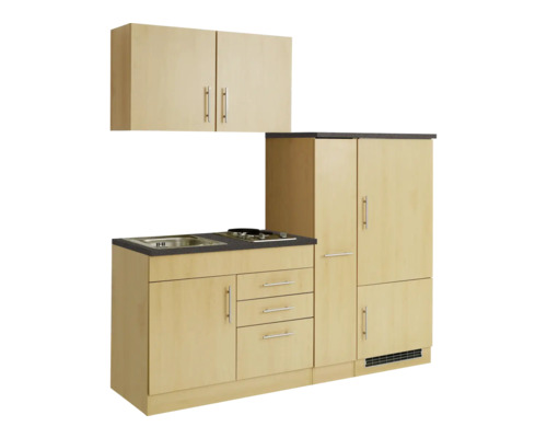 Einbauküche mit Spüle, Kochfeld, Unterschränken, Hängeschrank und Kühlschrank