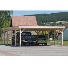 Carport aus Holz mit zwei geparkten Autos