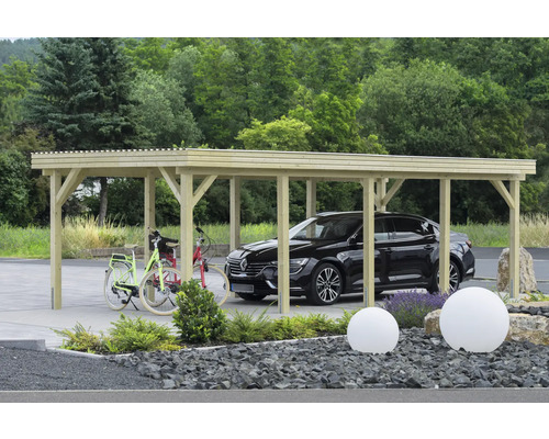 Carport simple en pin Taille 2 340 x 760 cm traité en autoclave par imprégnation Carport en bois avec voiture et vélos