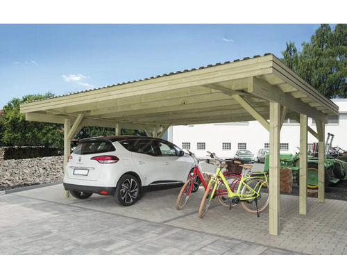 Carport double en pin Taille 3 604 x 504 cm traité en autoclave par imprégnation Carport en bois avec voiture et vélos