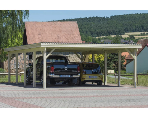 Carport double en pin Taille 4 604 x 760 cm traité en autoclave par imprégnation Double carport en bois avec deux voitures garées